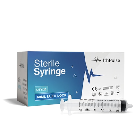 Fifthpulse 60ml Luer Lock Syringe NO Needle, Measurement Dispensing, Sterile, Individually Wrapped, 25PK FMN100669